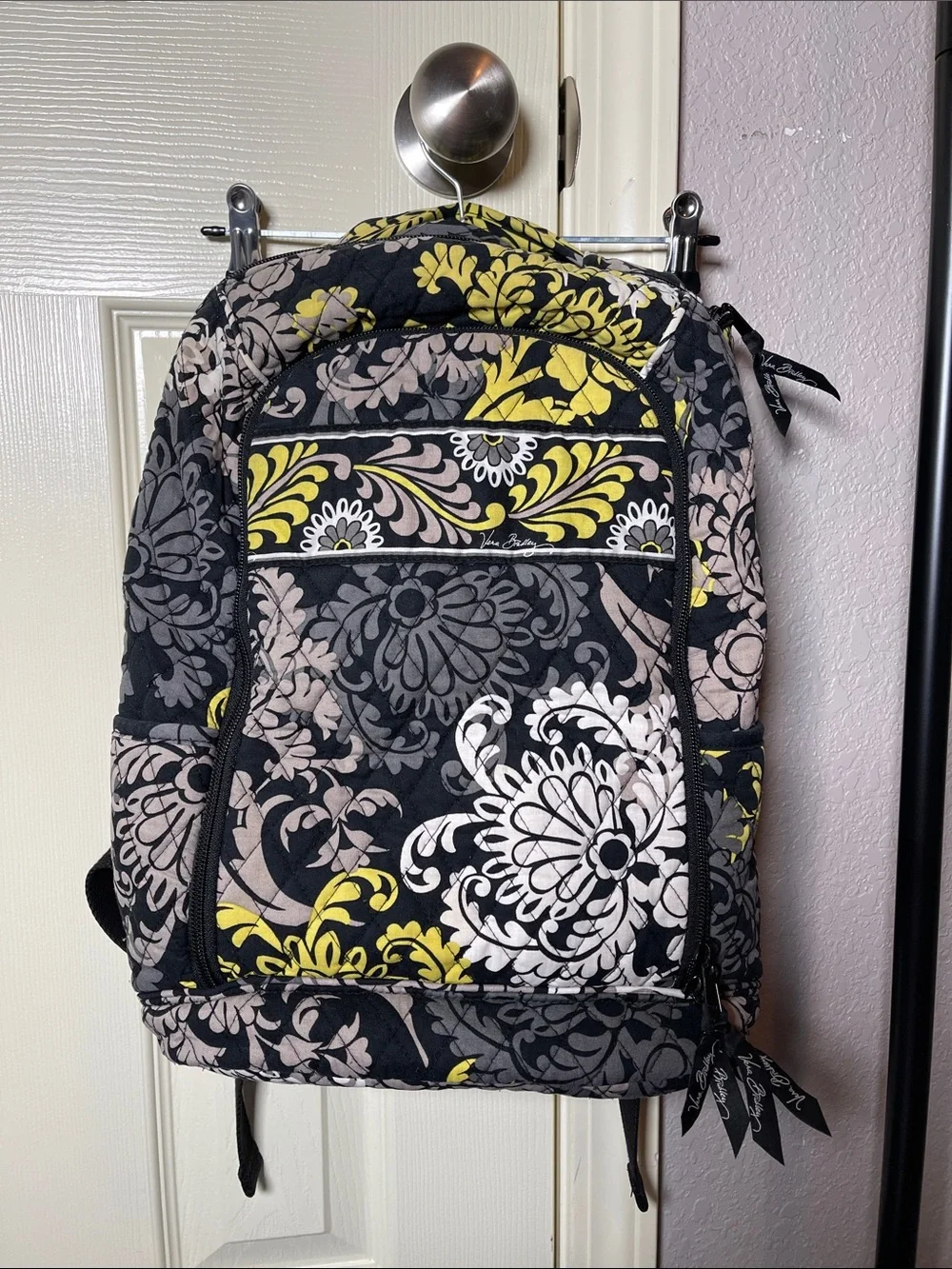 Vera Bradley Black Travel Backpack with Yellow, Gray & Cream Floral Print